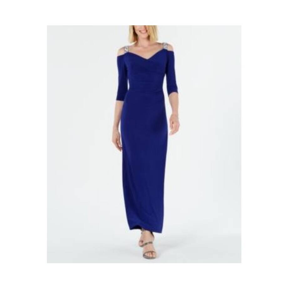 R & M Richards Embellished Cold-Shoulder Gown Womens 10 Electric Blue 3/4 Sleeve