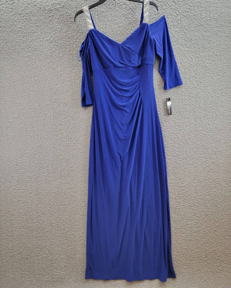 R & M Richards Embellished Cold-Shoulder Gown Womens 10 Electric Blue 3/4 Sleeve