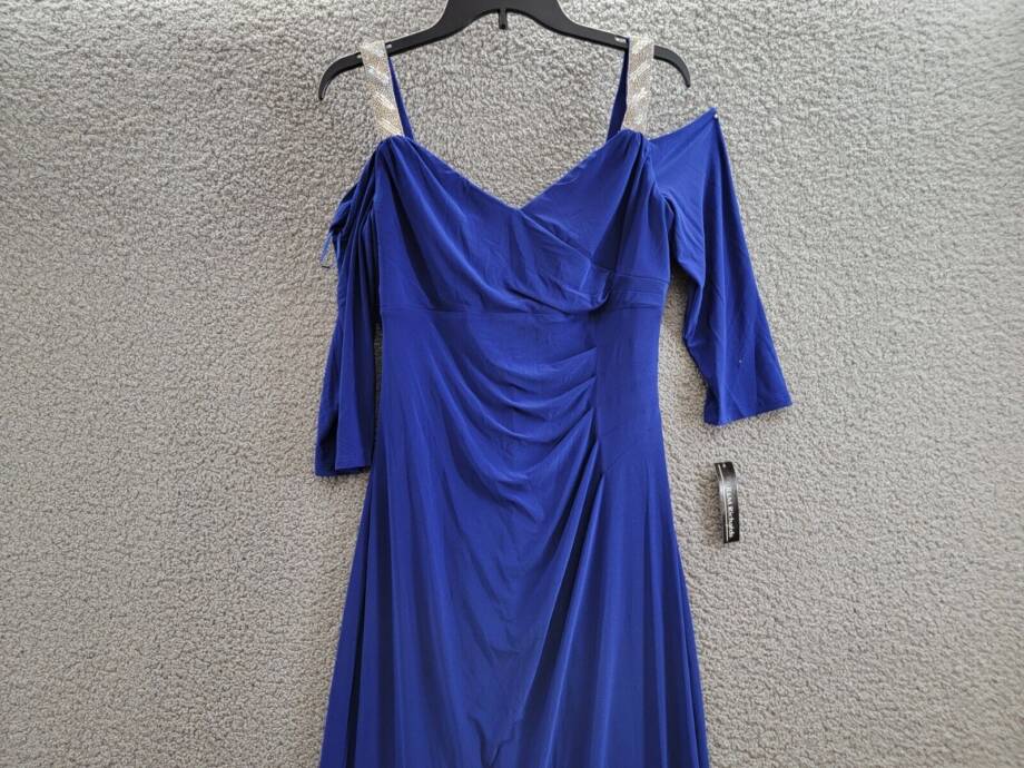 R & M Richards Embellished Cold-Shoulder Gown Womens 10 Electric Blue 3/4 Sleeve