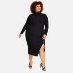 Nina Parker Trendy Plus Size Ribbed Mock-Neck Bodycon Dress Women's 4X Black L/S