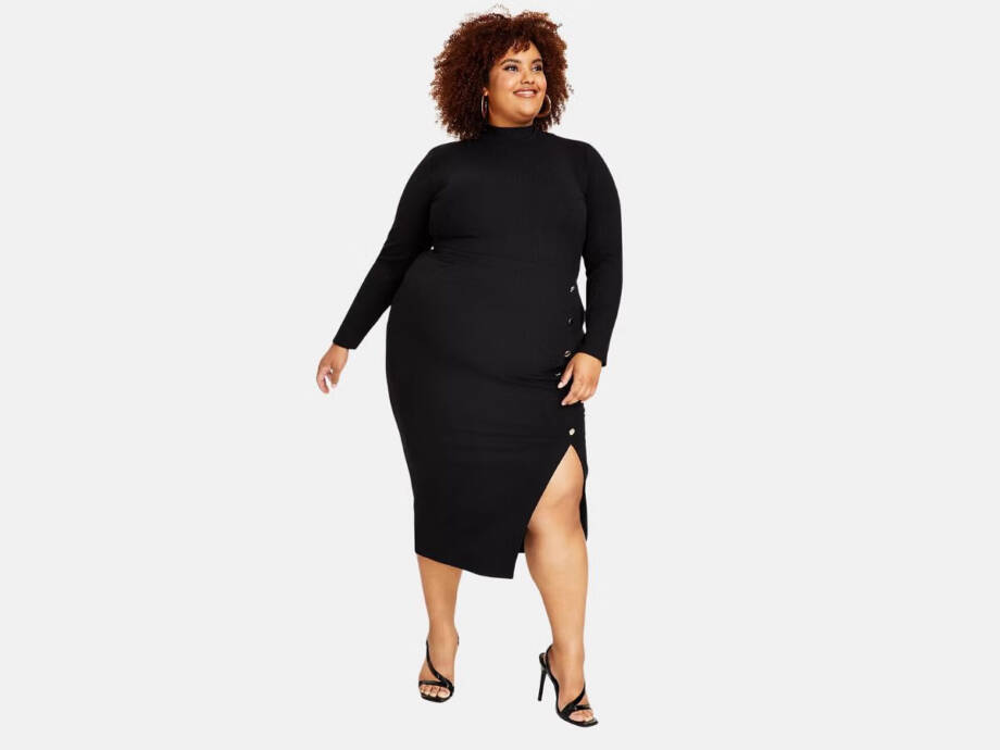 Nina Parker Trendy Plus Size Ribbed Mock-Neck Bodycon Dress Women's 4X Black L/S