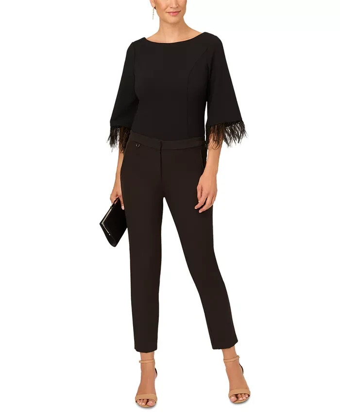 Adrianna Papell Feather-Cuff 3/4-Sleeve Top Women's 0 Black Boat Neck Back Zip