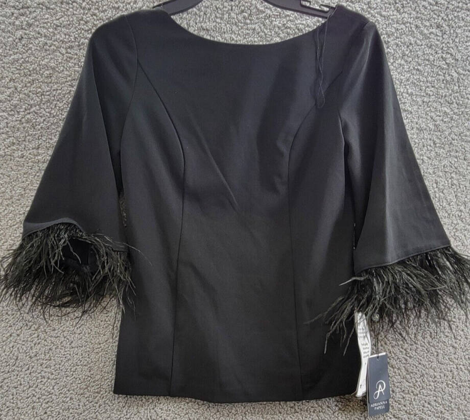 Adrianna Papell Feather-Cuff 3/4-Sleeve Top Women's 0 Black Boat Neck Back Zip