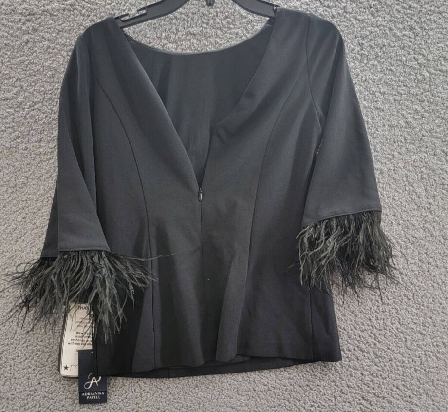 Adrianna Papell Feather-Cuff 3/4-Sleeve Top Women's 0 Black Boat Neck Back Zip
