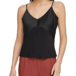 DKNY Mixed Media Camisole Top Women's S Black Double V-Neck Side Zip Closure
