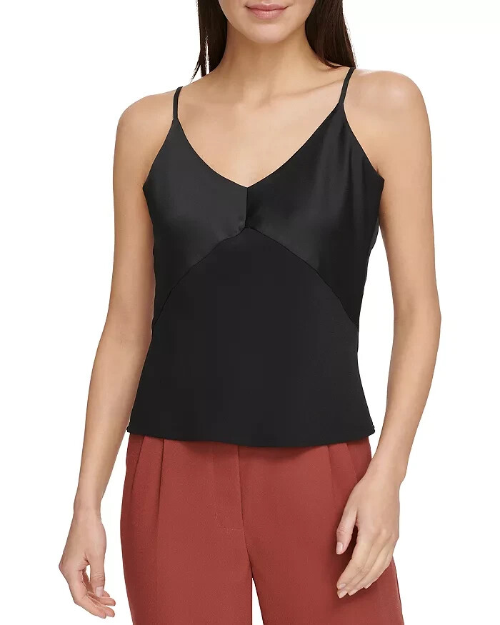 DKNY Mixed Media Camisole Top Women's S Black Double V-Neck Side Zip Closure