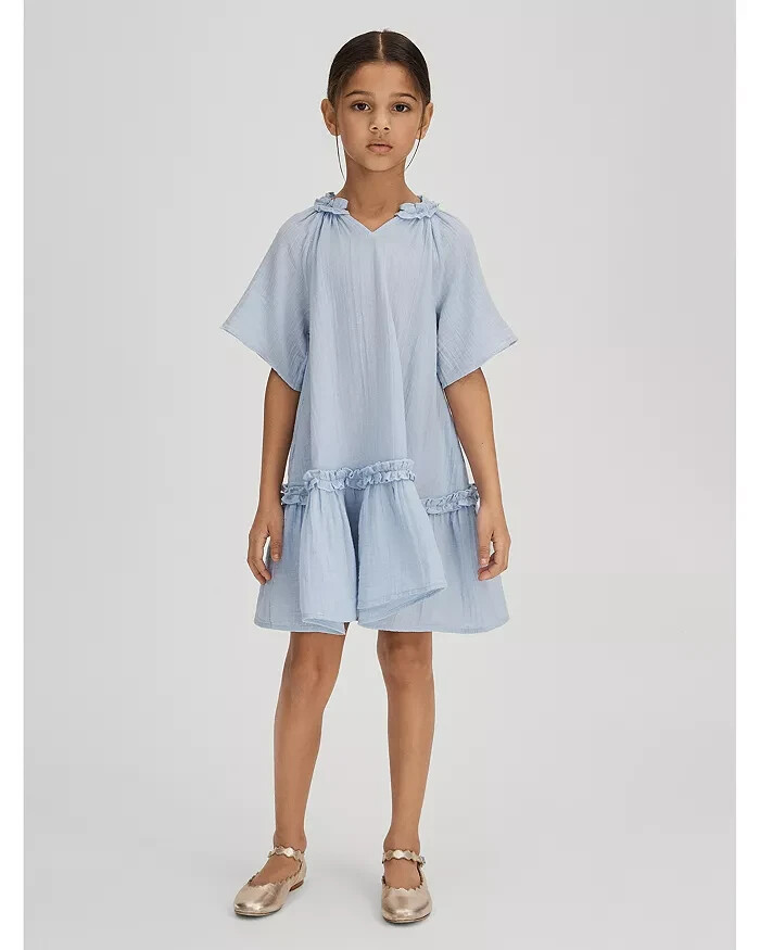 Reiss Blue Millie Seersucker Ruffle Dress Girls' 8-9Y Light Blue Button Back S/S