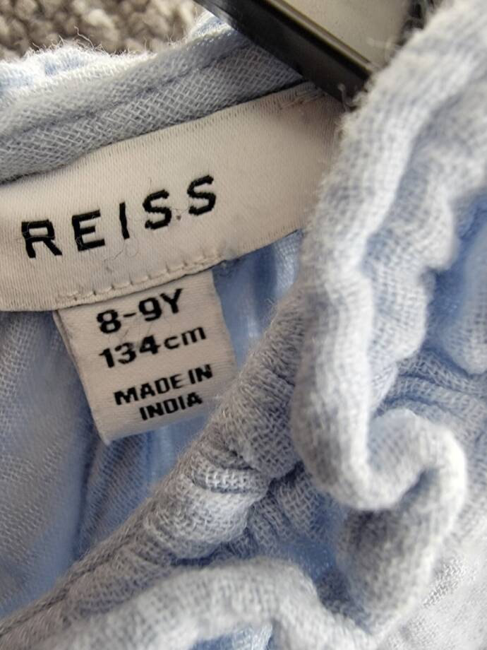 Reiss Blue Millie Seersucker Ruffle Dress Girls' 8-9Y Light Blue Button Back S/S