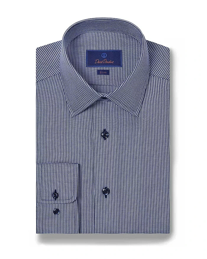 David Donahue Textured Twill Puppytooth Slim Fit Dress Shirt Men's 15 32/33 Navy