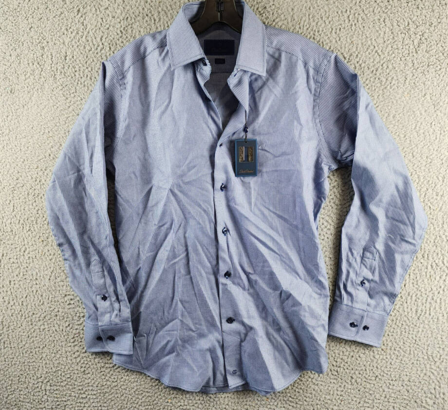 David Donahue Textured Twill Puppytooth Slim Fit Dress Shirt Men's 15 32/33 Navy