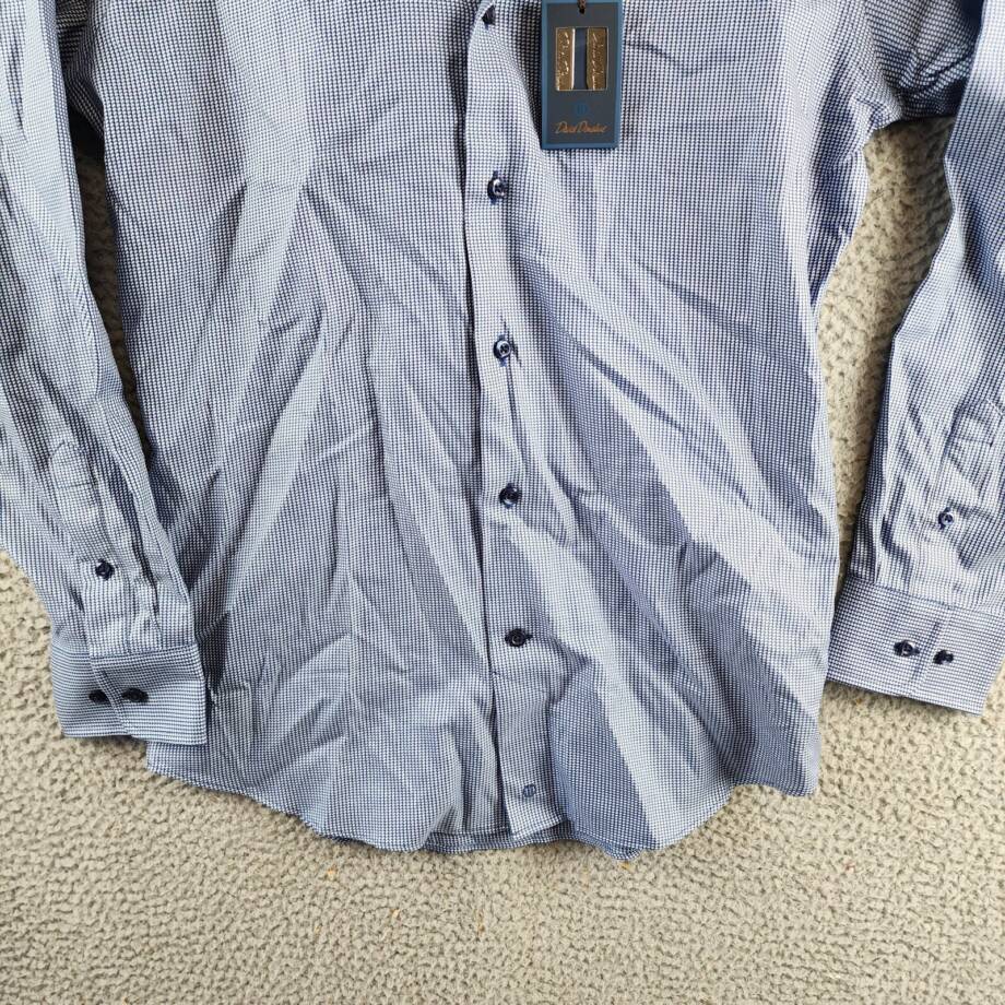 David Donahue Textured Twill Puppytooth Slim Fit Dress Shirt Men's 15 32/33 Navy