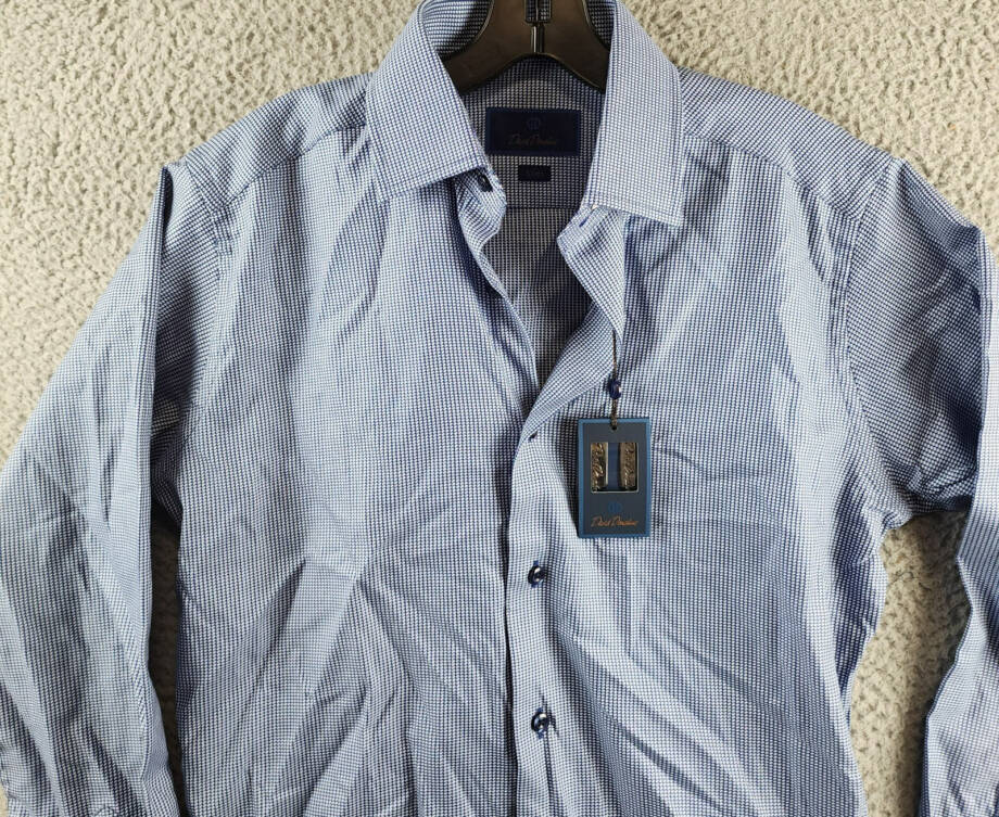 David Donahue Textured Twill Puppytooth Slim Fit Dress Shirt Men's 15 32/33 Navy