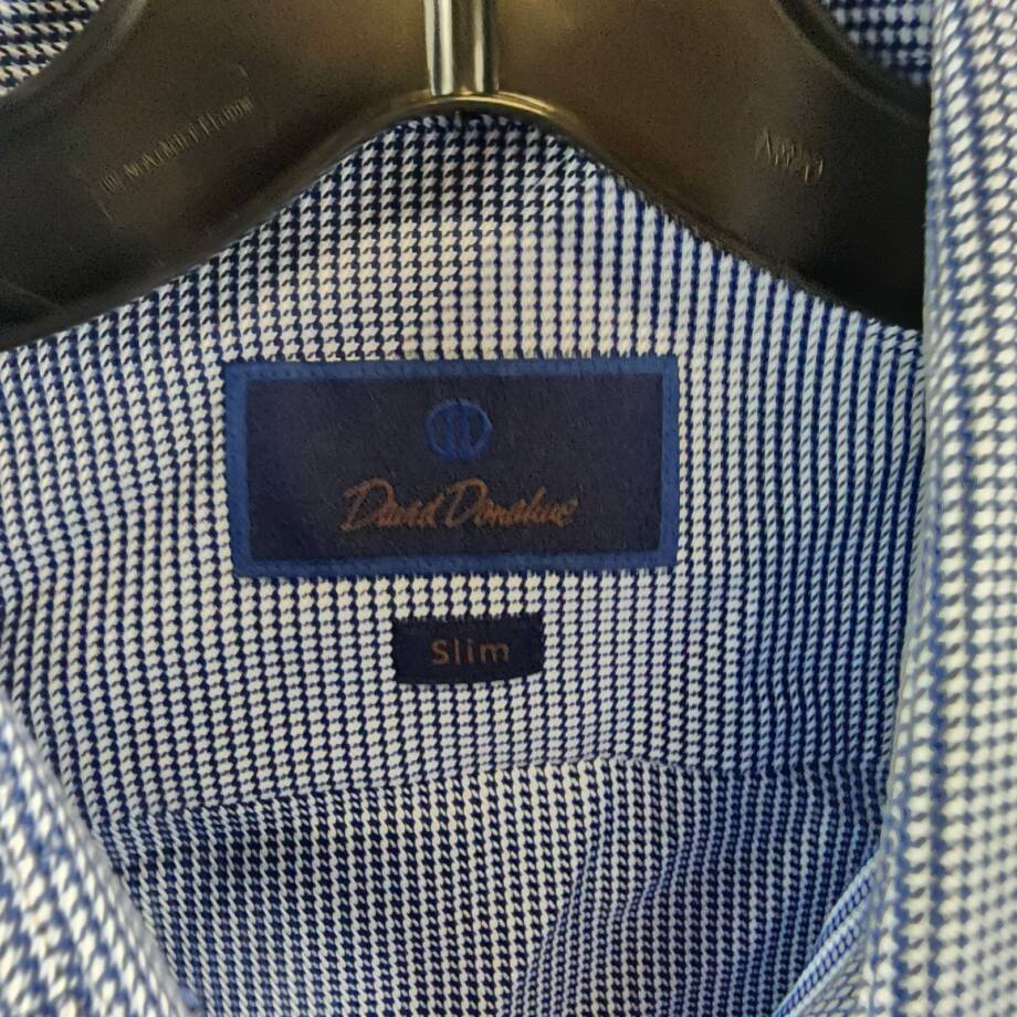 David Donahue Textured Twill Puppytooth Slim Fit Dress Shirt Men's 15 32/33 Navy