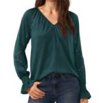Vince Camuto V-Neck Smocked Cuffs Blouse Women's XS Deep Forest Pullover L/S