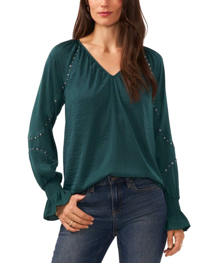 Vince Camuto V-Neck Smocked Cuffs Blouse Women's XS Deep Forest Pullover L/S