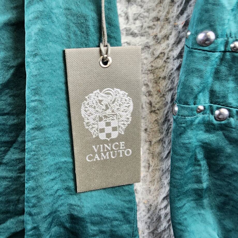 Vince Camuto V-Neck Smocked Cuffs Blouse Women's XS Deep Forest Pullover L/S