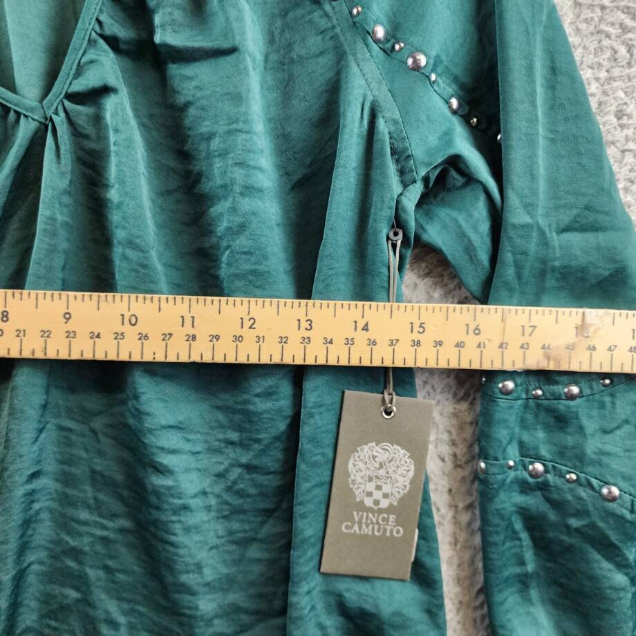 Vince Camuto V-Neck Smocked Cuffs Blouse Women's XS Deep Forest Pullover L/S