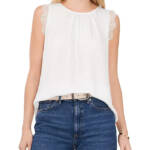 VINCE CAMUTO Lace Cap Sleeve Top Women's S White Crew Neck Button Back Closure