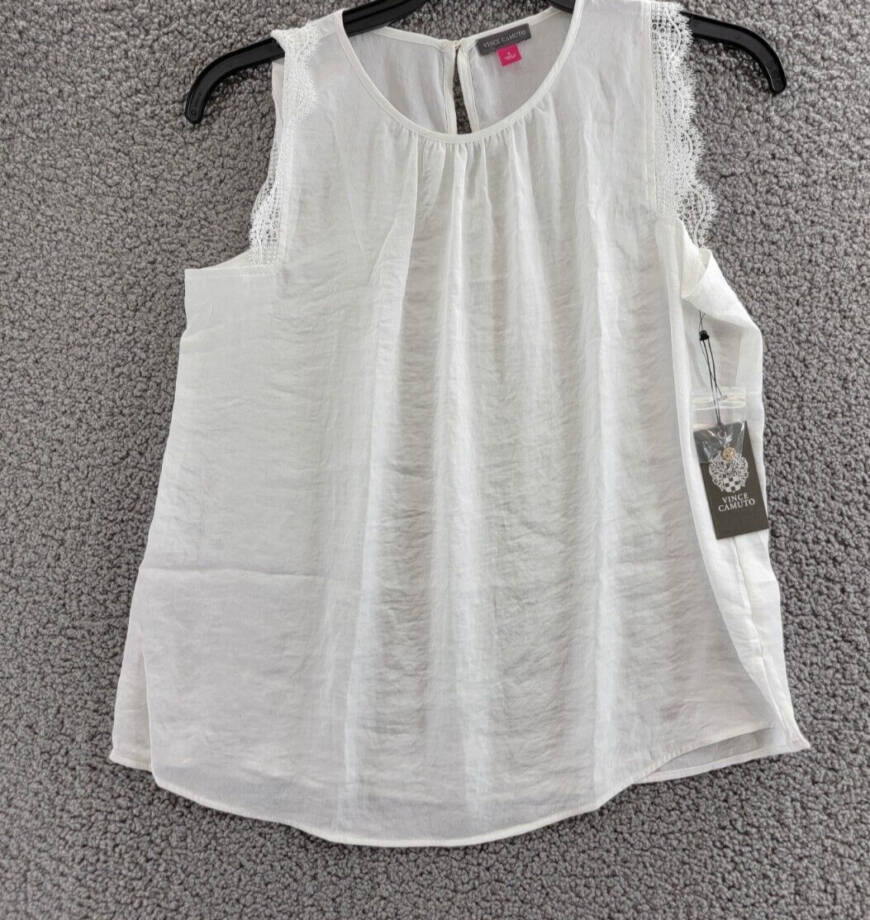 VINCE CAMUTO Lace Cap Sleeve Top Women's S White Crew Neck Button Back Closure