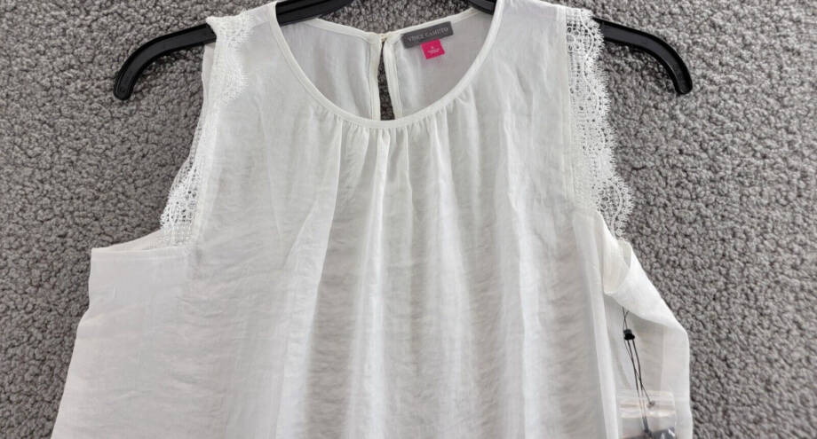 VINCE CAMUTO Lace Cap Sleeve Top Women's S White Crew Neck Button Back Closure