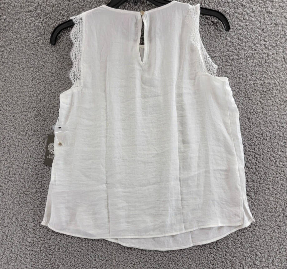 VINCE CAMUTO Lace Cap Sleeve Top Women's S White Crew Neck Button Back Closure