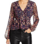 Koko + Mason Tie Front Peplum Blouse Women's S Navy Multi V-Neck Long Sleeve