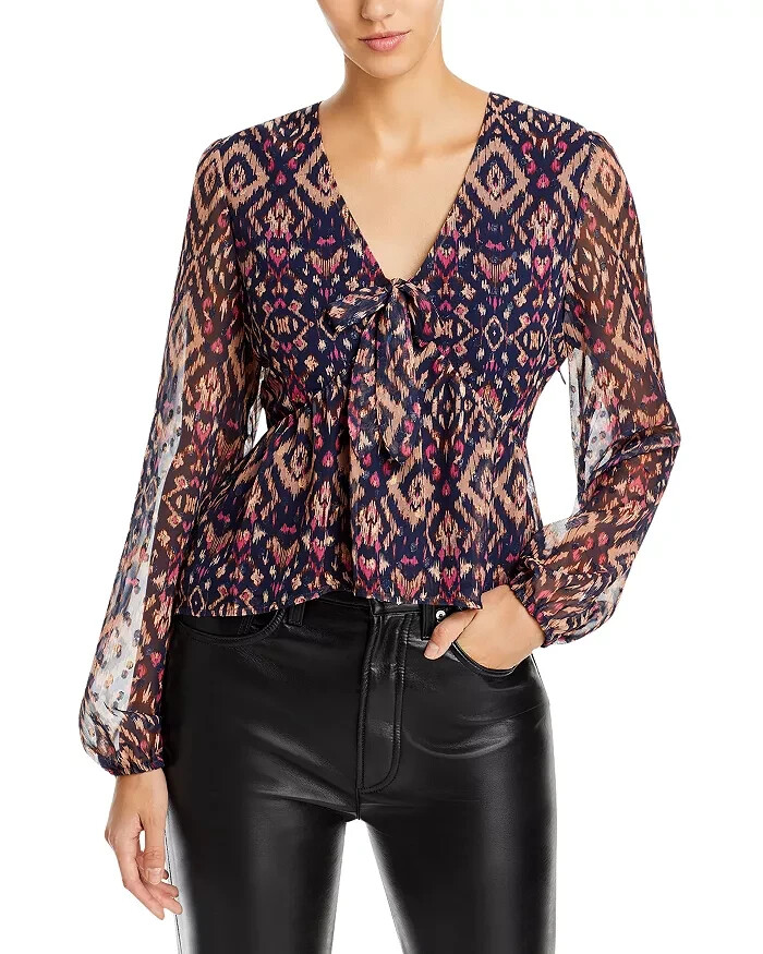 Koko + Mason Tie Front Peplum Blouse Women's S Navy Multi V-Neck Long Sleeve