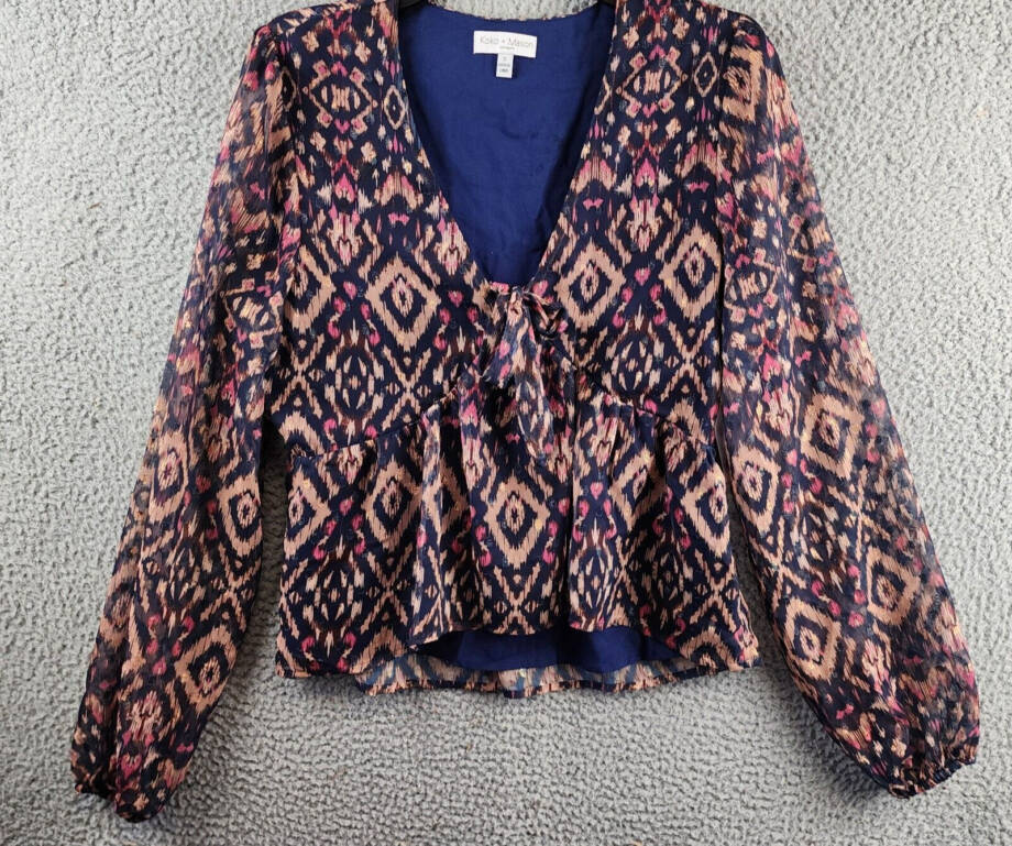 Koko + Mason Tie Front Peplum Blouse Women's S Navy Multi V-Neck Long Sleeve