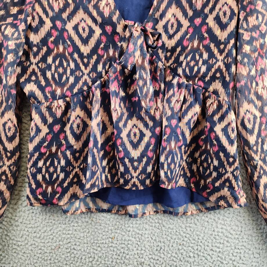 Koko + Mason Tie Front Peplum Blouse Women's S Navy Multi V-Neck Long Sleeve