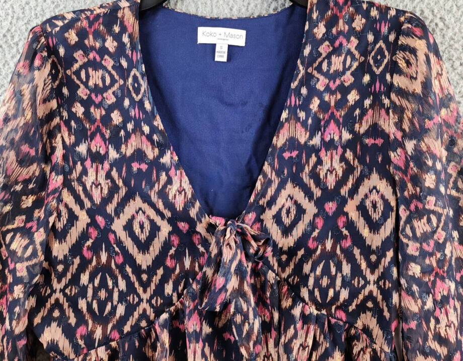 Koko + Mason Tie Front Peplum Blouse Women's S Navy Multi V-Neck Long Sleeve