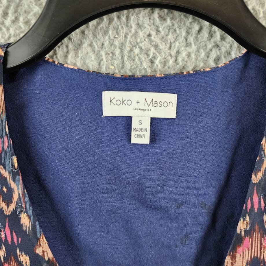 Koko + Mason Tie Front Peplum Blouse Women's S Navy Multi V-Neck Long Sleeve