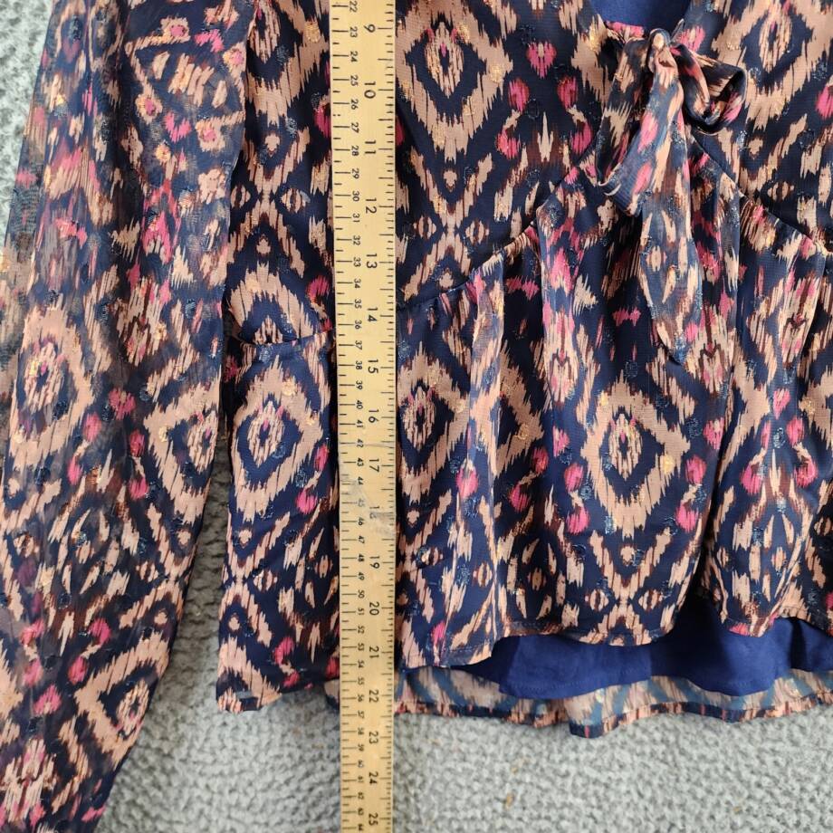 Koko + Mason Tie Front Peplum Blouse Women's S Navy Multi V-Neck Long Sleeve