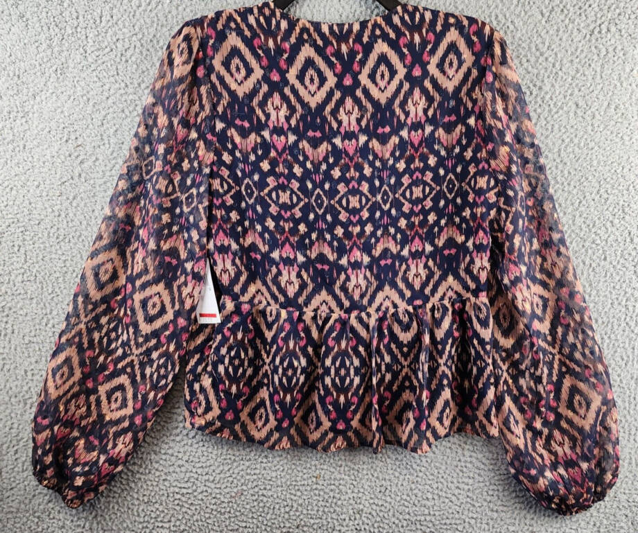 Koko + Mason Tie Front Peplum Blouse Women's S Navy Multi V-Neck Long Sleeve