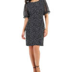 Connected Puff-Sheer-Sleeve Sheath Dress Women's 8 Black/White Round Neck S/S
