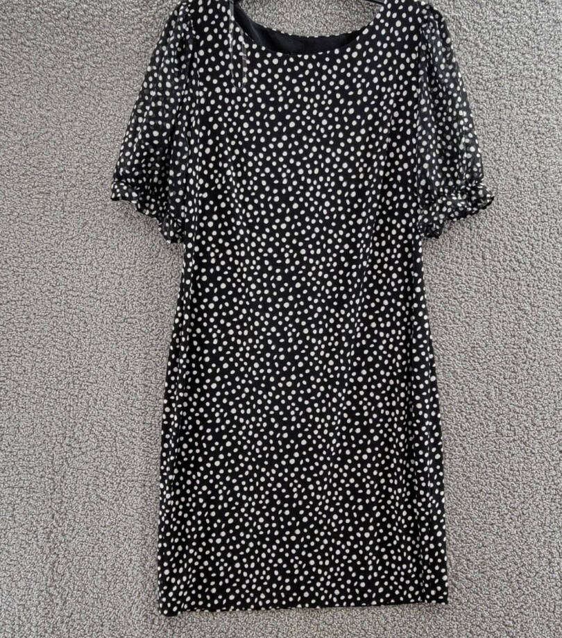 Connected Puff-Sheer-Sleeve Sheath Dress Women's 8 Black/White Round Neck S/S