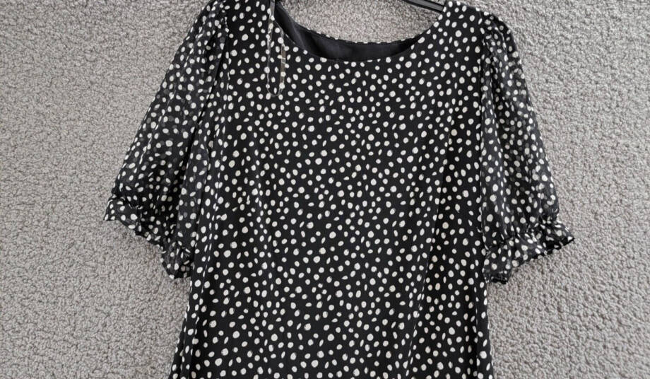 Connected Puff-Sheer-Sleeve Sheath Dress Women's 8 Black/White Round Neck S/S