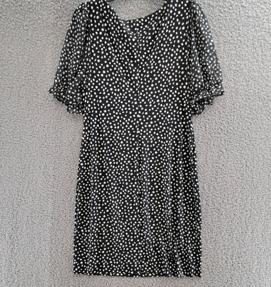 Connected Puff-Sheer-Sleeve Sheath Dress Women's 8 Black/White Round Neck S/S
