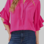 Vince Camuto Ruffle Sleeve Split Neck Blouse Womens S Pom Pink Pullover Style