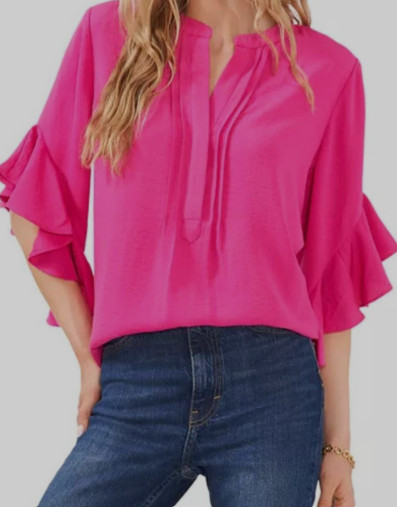 Vince Camuto Ruffle Sleeve Split Neck Blouse Womens S Pom Pink Pullover Style