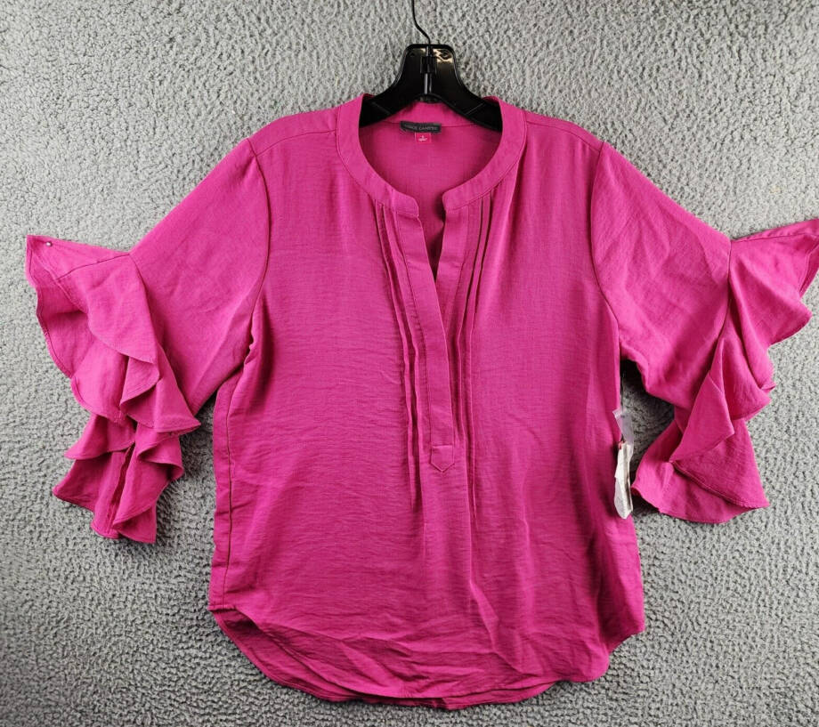Vince Camuto Ruffle Sleeve Split Neck Blouse Womens S Pom Pink Pullover Style