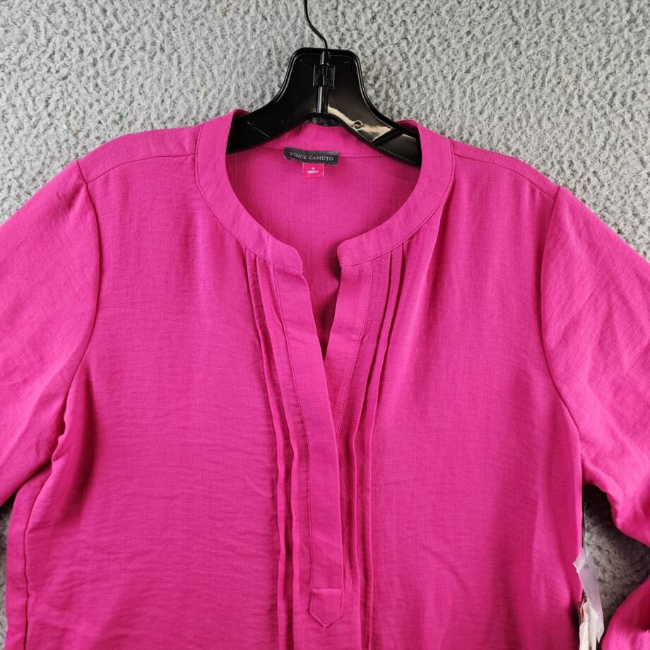 Vince Camuto Ruffle Sleeve Split Neck Blouse Womens S Pom Pink Pullover Style