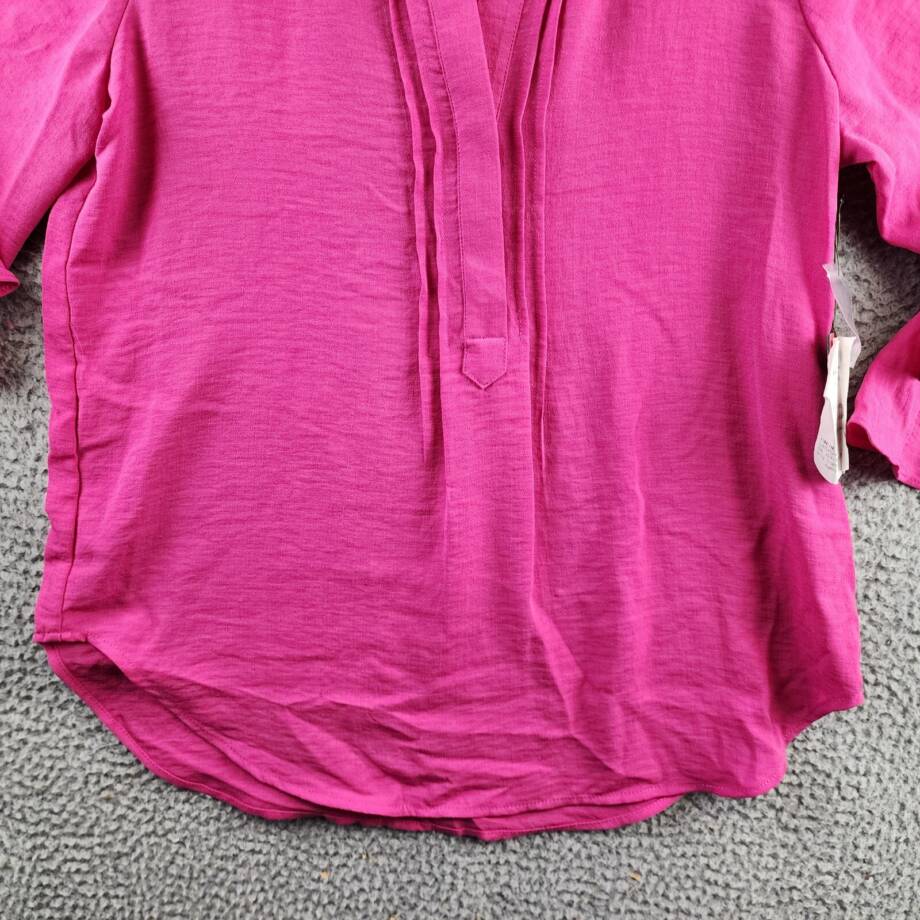 Vince Camuto Ruffle Sleeve Split Neck Blouse Womens S Pom Pink Pullover Style