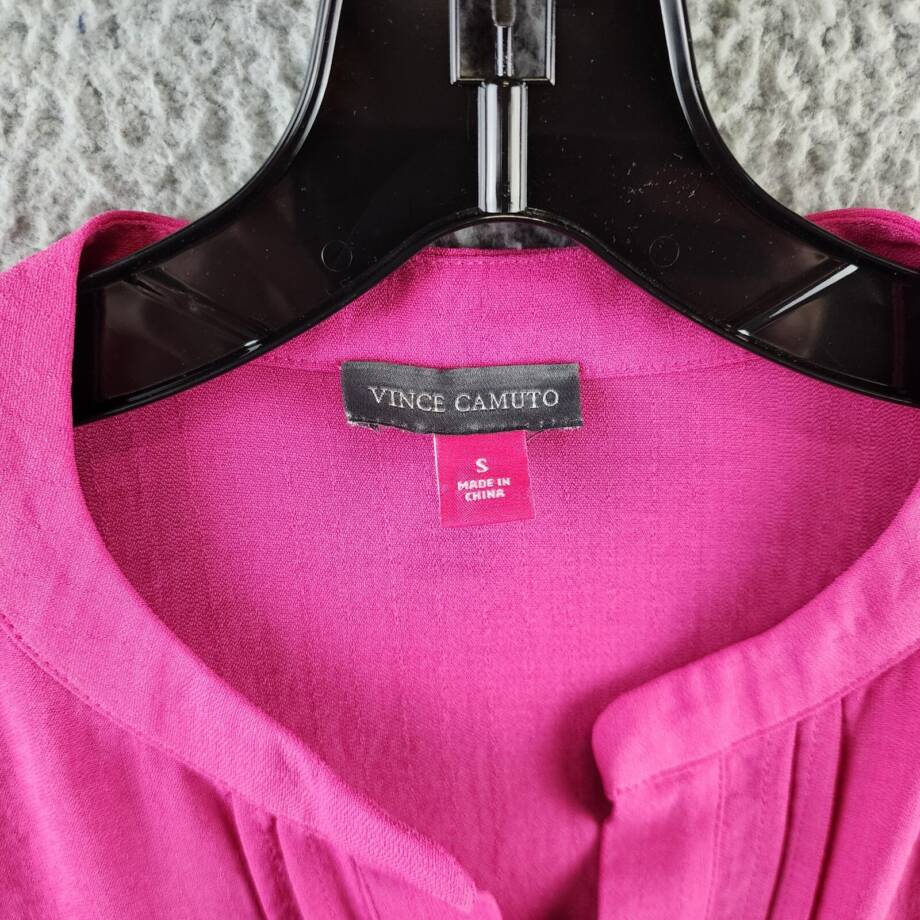 Vince Camuto Ruffle Sleeve Split Neck Blouse Womens S Pom Pink Pullover Style