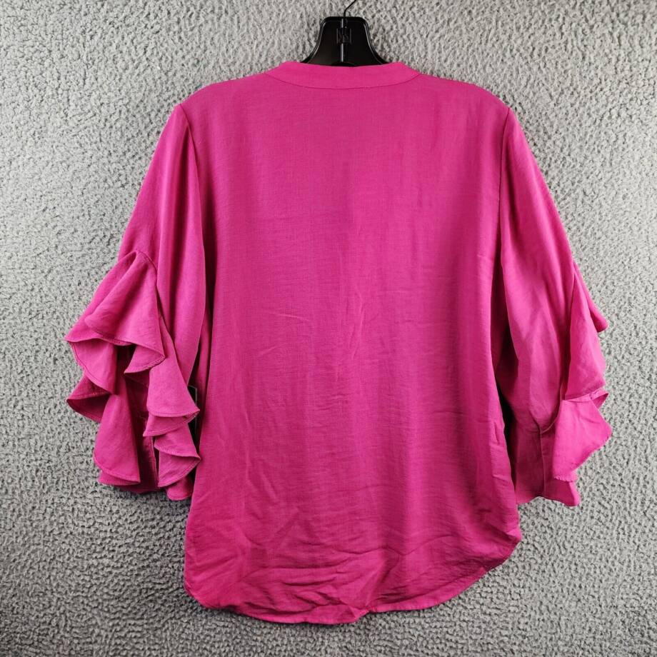 Vince Camuto Ruffle Sleeve Split Neck Blouse Womens S Pom Pink Pullover Style