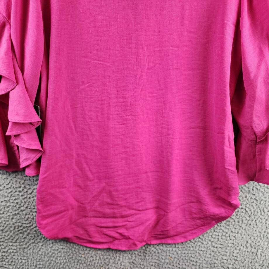 Vince Camuto Ruffle Sleeve Split Neck Blouse Womens S Pom Pink Pullover Style
