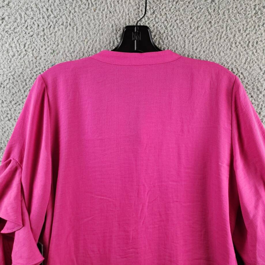 Vince Camuto Ruffle Sleeve Split Neck Blouse Womens S Pom Pink Pullover Style