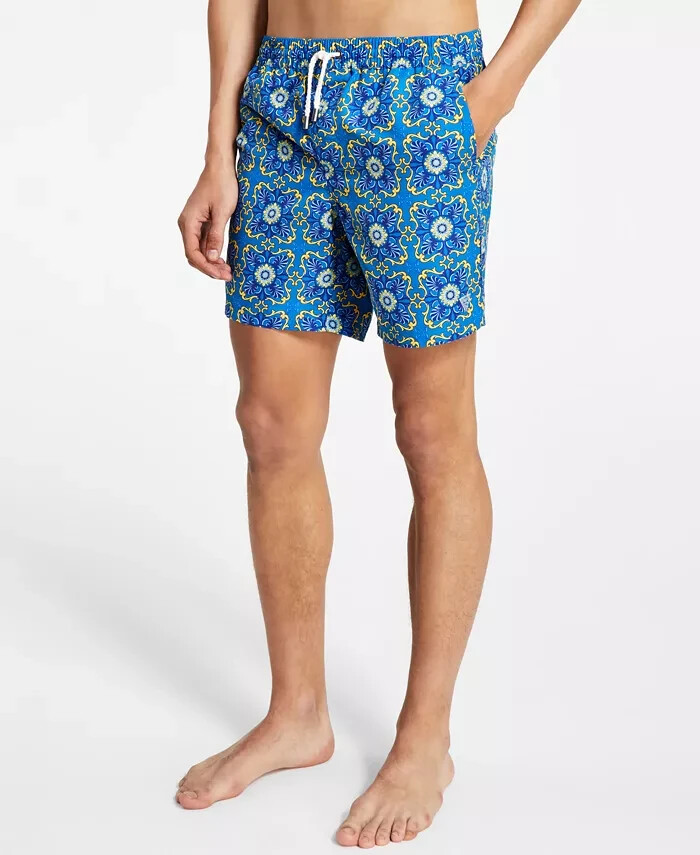 Guess Mosaic Swim Trunks Men's XXL Gold/Blue Chain Elastic Drawstring Waist