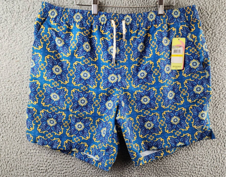 Guess Mosaic Swim Trunks Men's XXL Gold/Blue Chain Elastic Drawstring Waist
