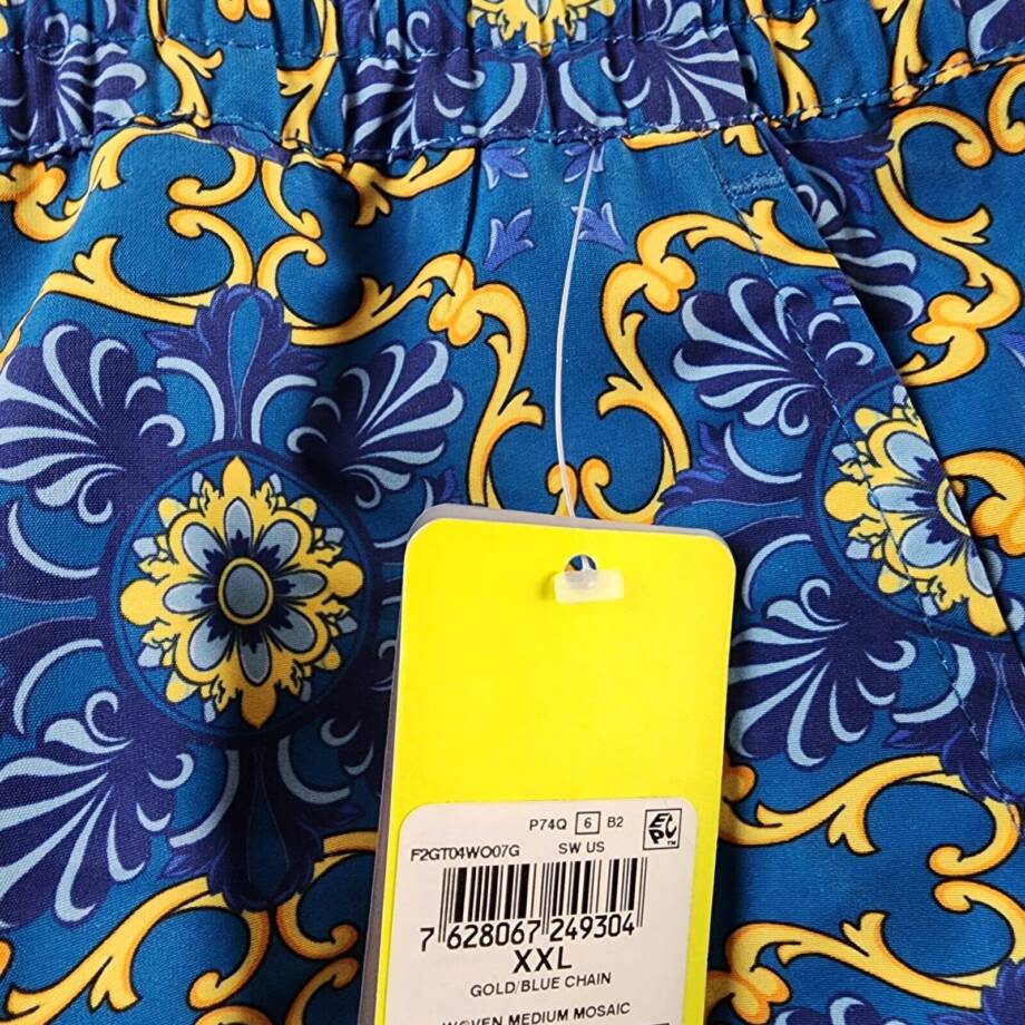 Guess Mosaic Swim Trunks Men's XXL Gold/Blue Chain Elastic Drawstring Waist