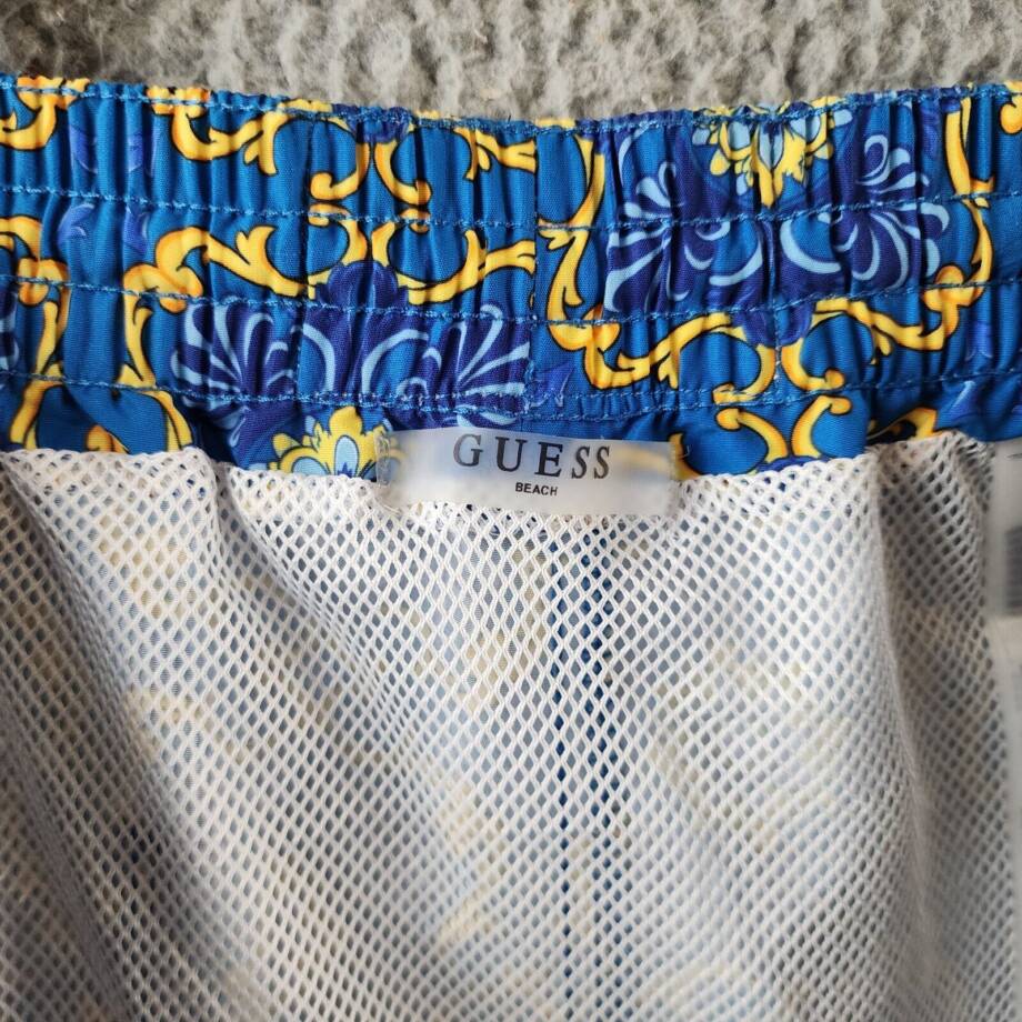 Guess Mosaic Swim Trunks Men's XXL Gold/Blue Chain Elastic Drawstring Waist
